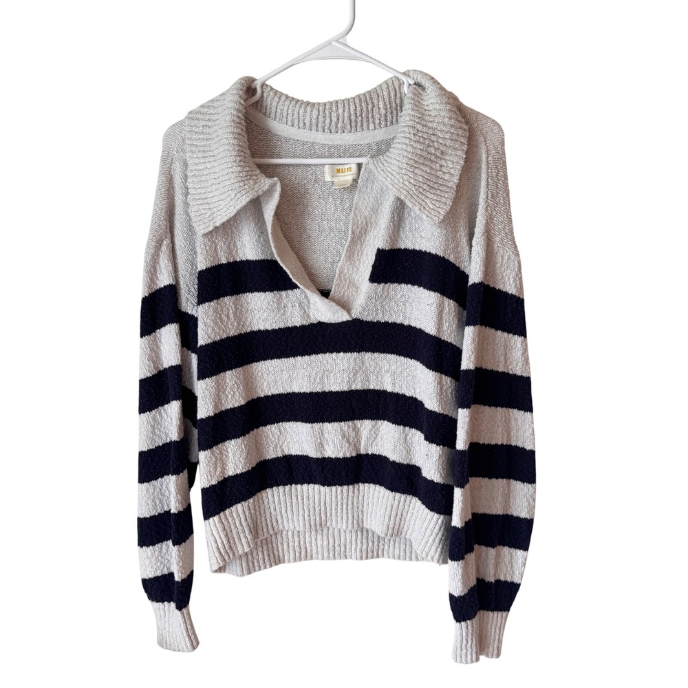 Maeve by Anthropologie Striped Polo Sweater Cream Navy Blue Large OB1637334